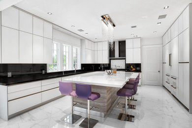 Design ideas for an expansive contemporary u-shaped open plan kitchen in New York with flat-panel cabinets, a drop-in sink, white cabinets, quartz benchtops, black splashback, stone slab splashback, panelled appliances, porcelain floors, with island, white floor and white benchtop.