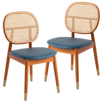 LeisureMod Holbeck Wicker Dining Chair With Leather Seat Set of 2, Navy Blue