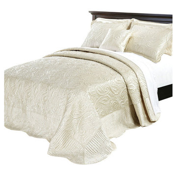 Quilted Satin 4 Piece Bed Spread Set, Champagne, King