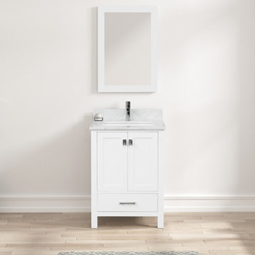 Freestanding Bathroom Vanity With Marble Countertop and Undermount Sink, White, 24" With Sink