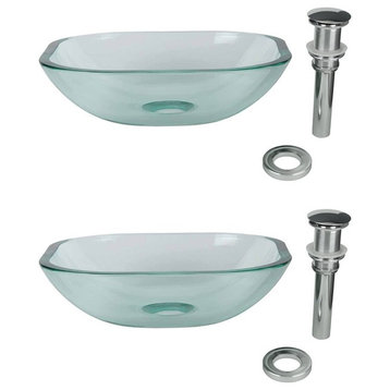 Tempered Glass Vessel Sink with Drain, Clear Square Mini Bowl Sink Pack of 2