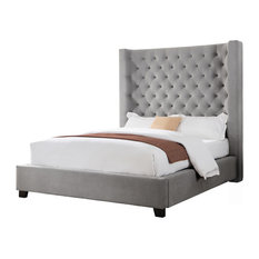 Jamie Upholstered Tower High Profile Contemporary Bed, Gray, Queen