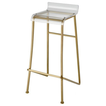 Modern Bar Stool in Clear Acrylic Seat and Aged Gold Metal Legs Sturdy Metal