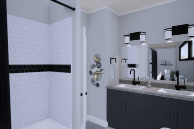 Bathroom - mid-sized cottage kids' black and white tile and ceramic tile ceramic tile, gray floor and double-sink bathroom idea in Atlanta with shaker cabinets, gray cabinets, gray walls, a drop-in sink, concrete countertops, gray countertops and a built-in vanity