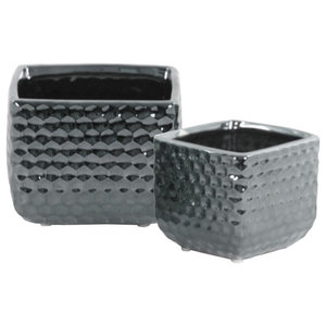 Set Of Two Ceramic Square Vase W Embossed Irregular Shapes Design
