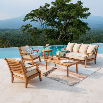 Mosko Teak Wood 5 Piece Patio Conversation Set with Taupe Cushion & Black Piping