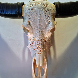 Hand Carved Skull - Water Buffalo, Ganesha Design, White - Artwork