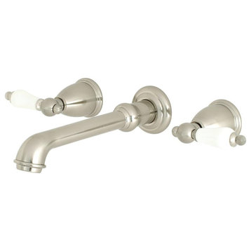 Wall Mounted Bathroom Faucet, White Porcelain Lever Handles, Brushed Nickel