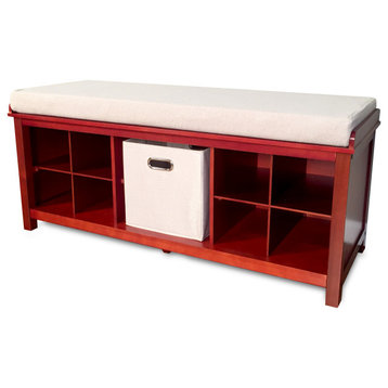 Solid Wood Entry Bench with 1 Bin and 2 Shoe Dividers, Red Mahogany