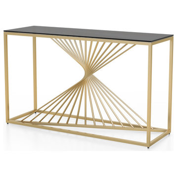 Unique Console Table, Twisted Geometric Accented Frame With Glass Top, Gold