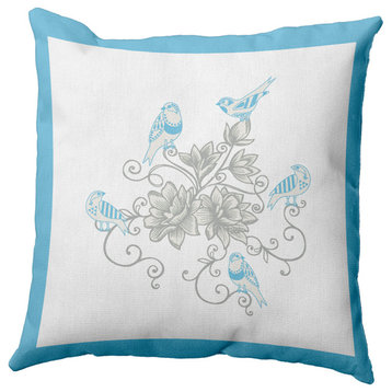 Birds And Flowers Decorative Throw Pillow, Carolina Blue, 16"x16"