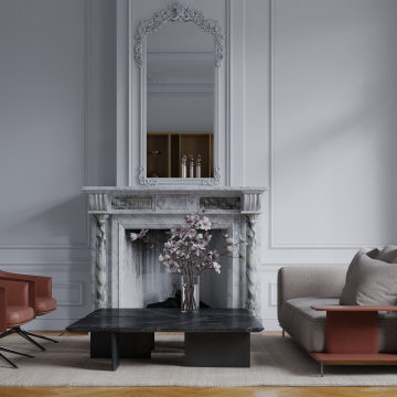 Formal living room with original fireplace portal