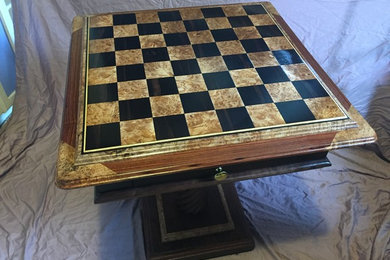 Chess Table in Maple Burl and Ebony w/ Wenge Box and Spiral Cut Walnut Pedestal