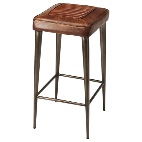 Bar Stool Rustic Brown Distressed Iron Leather