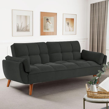 Unique Comfortable Futon, Square Stitched Seat & Curved Padded Arms, Dark Gray