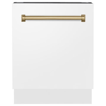 ZLINE 24" Tall Tub Dishwasher, White Matte With Gold Handle, DWVZ-WM-24-G