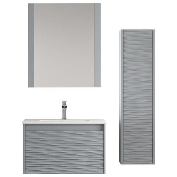 Floating Bathroom Vanity Set, Metal Grey, 30" With Sink, Mirror & Side Cabinet