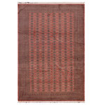 Bareens Designer Rugs - Rustic Bokhara Algol Peach Black Hand Knotted Rug - 9'5'' x 11'10'' - Transform the interior of your home with a beautiful hand-knotted Bokhara rug. Meticulously crafted with intricate geometric designs, including small diamond motifs, octagons, and gul motifs, in a mesmerizing color palette. Bokhara rugs are renowned for their luxurious texture, brilliant craftsmanship, and geometric patterns. They are hand-knotted with premium New Zealand wool in shades of red and typically feature a distinctive gul motif known as the Elephant foot. This design element has uniform columns and rows that maintain fundamental geometric symmetry and balance. Bokhara rugs are also available in other colors such as beige, green, blue, gold, or ivory. Named after the city of Bukhara, which is now in Uzbekistan, these rugs are known for their exceptional craftsmanship, luxurious textures, and unique geometric patterns. The high knot density and quality of construction, often utilizing the Turkish or Ghordies knot, contribute to their unparalleled durability. Each rug is uniquely woven with diverse shapes, colors, and designs, making it visually pleasing and harmonious. The rug's luxurious soft feel, attractive colors, and heavy pile make it a highly durable masterpiece. Bokhara rugs have a transitional geometric design that blends seamlessly with classic to contemporary decor, adding elegance and sophistication to your home.