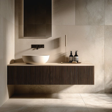 Slatted Oak Floating Vanity: Modern Spa Bathroom Cabinet, Custom Size