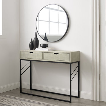 Modern Console Table, Open Metal Frame & Faux Shagreen Top With 2 Drawers, White