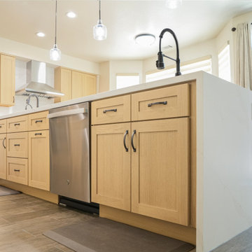 Modern Light Oak Shaker Kitchen with Waterfall Quartz Island P3| The Cabination