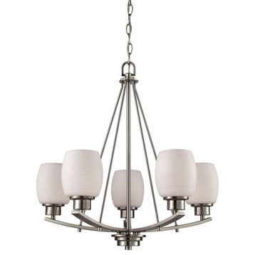 Casual Traditional 5-Light Chandelier, Brushed Nickel With White Glass