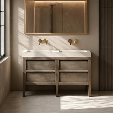 Desert Beige Oak Double Sink Vanity | Freestanding White Oak Bathroom Cabinet |