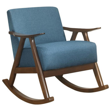 Pemberly Row Mid-Century Textured Fabric Rocking Chair in Dark Walnut/Blue