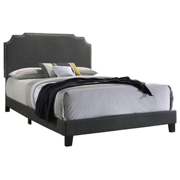 Pemberly Row Transitional Fabric Upholstered Nailhead Queen Bed Gray