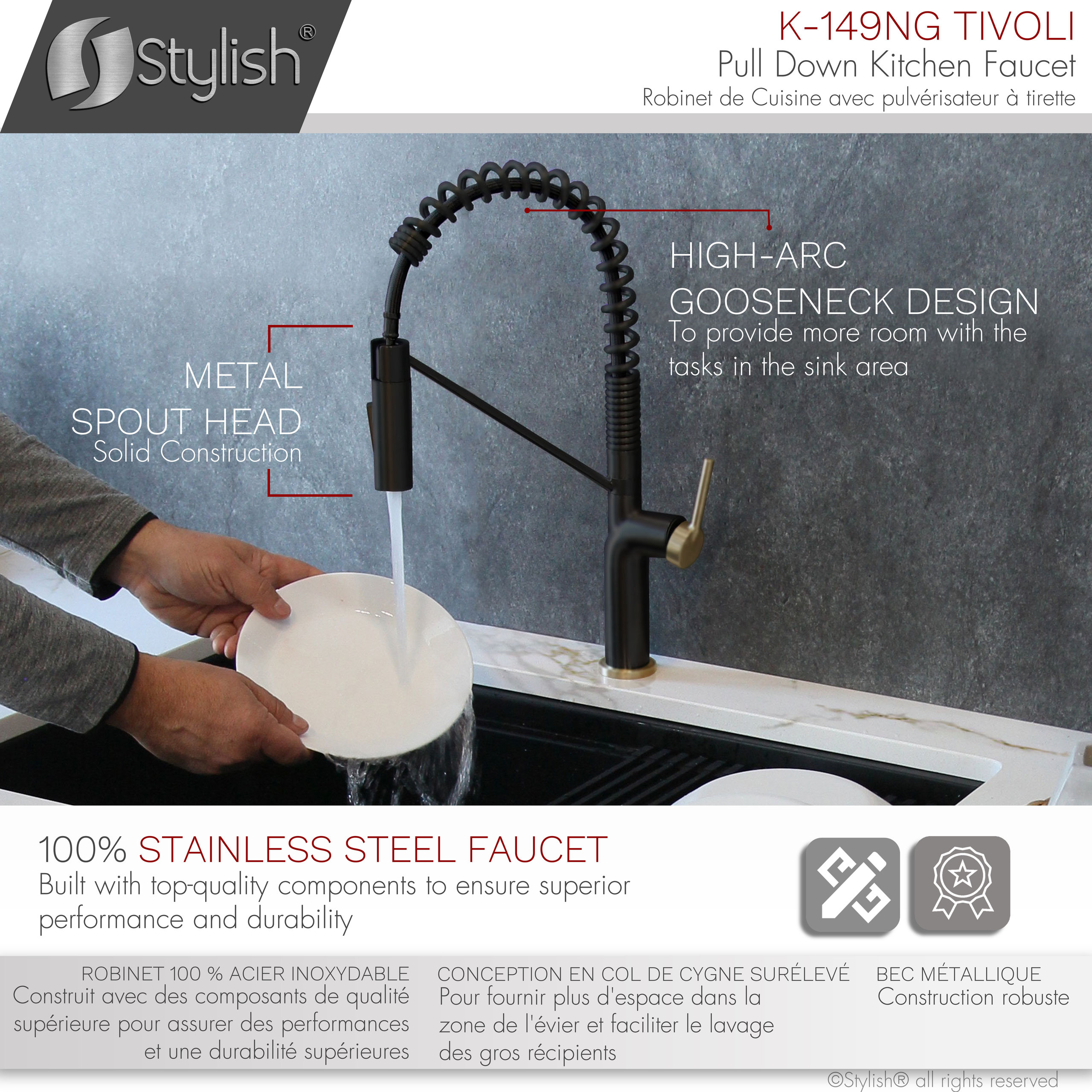 STYLISH Single Handle Pull-Down Dual Mode Kitchen Faucet in Matte Black/Gold