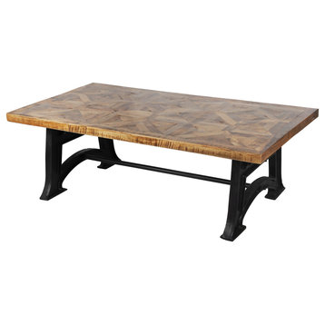 54" Rectangular Reclaimed Wood Parquet Cast Iron Double Base Coffee Table Nutte