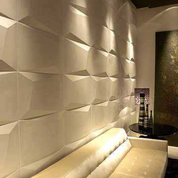 Modern white livingroom with textured white cement wall panels