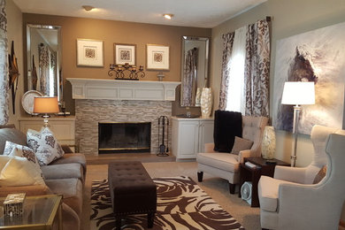 Living room - mid-sized transitional formal and open concept carpeted living room idea in Grand Rapids with a standard fireplace, a tile fireplace and no tv