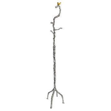 71" Modern Aluminum Coat Stand, Branch Accent, Perched Bird, Silver