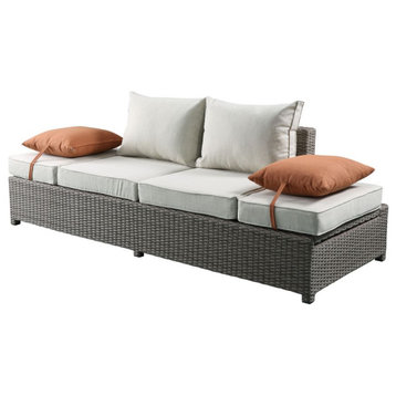 Acme Salena Patio Sofa and Ottoman With 2 Pillows Beige Fabric and Gray Wicker
