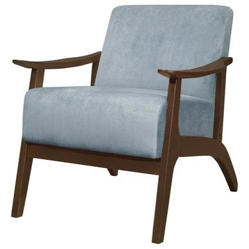 Comfortable Accent Chair, Exposed Walnut Finished Frame and Velvet Seat, Blue Gray