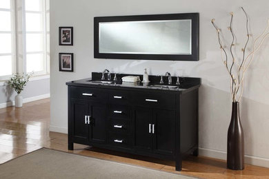 Example of a mid-sized transitional bathroom design in Chicago with furniture-like cabinets, black cabinets, an undermount sink and granite countertops