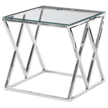 Contemporary Angled Square Clear Glass End Table, E46, Silver