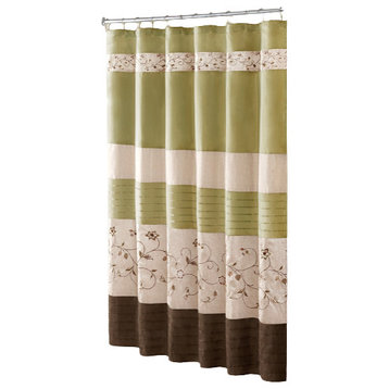 Madison Park Serene Faux Silk Embroidered Floral Shower Curtain, Green