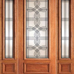 Mahogany Prehung Door with Two Sidelites, Celtic Ironwork Glass - Front Doors