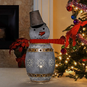30"H Indoor/Outdoor Metal Barrel Snowman Holiday Decoration with LED Lights