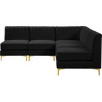 Meridian Furniture - Alina Velvet Modular L-Shaped Modular Sectional, Black, 5-Piece: 4 Armless Chair, 1 Corner Chair - Bring modern beauty to your space with the addition of this Alina Velvet Modular sectional. This beautiful sectional features deep channel tufting to ramp up its visual interest and add to its resilient demeanor. Its soft black velvet upholstery blends nicely with existing elements in your room and is sleek to the touch, making this seat a super comfortable one. Part of the modular Alina collection, this sectional has a latch that attaches it to other pieces to create your custom seating arrangement.