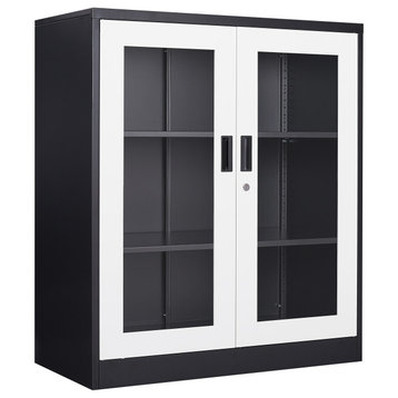 Metal Storage Cabinet, 2 Doors & 2 Shelves, 35.5", Black&white, Acrylic Door