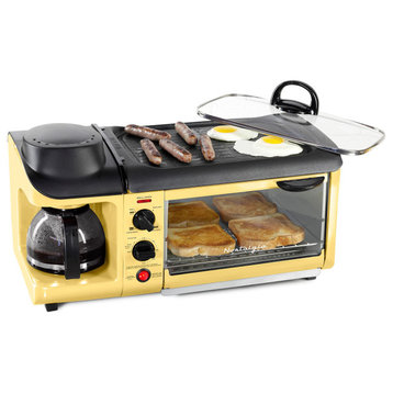 3-in-1 Breakfast Station - Includes Coffee Maker, Non-Stick Griddle, and 4-Slice, Yellow Breakfast Station