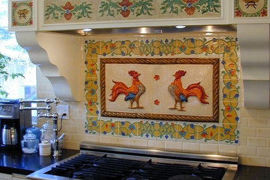 Inspiration for a mid-sized farmhouse u-shaped eat-in kitchen remodel in San Francisco with recessed-panel cabinets, granite countertops, yellow backsplash, subway tile backsplash, stainless steel appliances and an island
