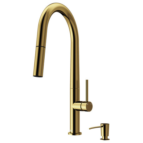 VIGO Greenwich 18" H Single Handle Pull-Down Sprayer Kitchen Faucet, Matte Brushed Gold, No Sensor, With Soap Dispenser