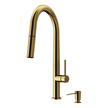 VIGO Greenwich Pull-Down Kitchen Faucet With Soap Dispenser, Matte Brushed Gold