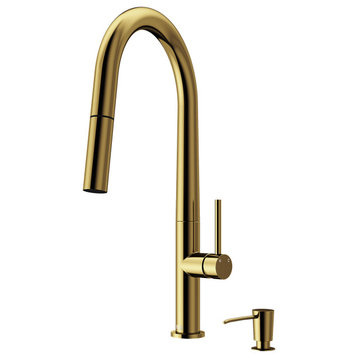 VIGO Greenwich Pull-Down Kitchen Faucet With Soap Dispenser, Matte Brushed Gold