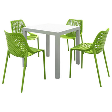 Air Mix Square Dining Set With White Table and 4 Tropical Green Chairs