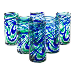 NOVICA Artisan Crafted Clear Green Glass Recycled Glasses, 15 oz 'Conical' (Set of 6)